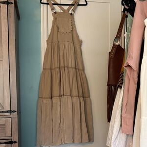 Neutral Beige Tiered Pinafore Maxi Dress